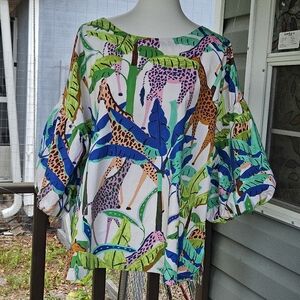 Olephant Blouse Top Colorful Animal Print Tunic 2XL Puff Sleeves Cotton Safari